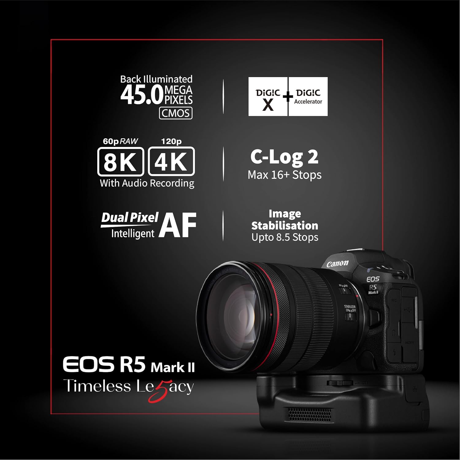 Canon EOS R5 Mark II 45MP Full-Frame Mirrorless Camera Body Only (8K RAW & 4K 120p Video) - Black Canon EOS R5 Mark II 45MP Full-Frame Mirrorless Camera Body Only (8K RAW & 4K 120p Video) - Black